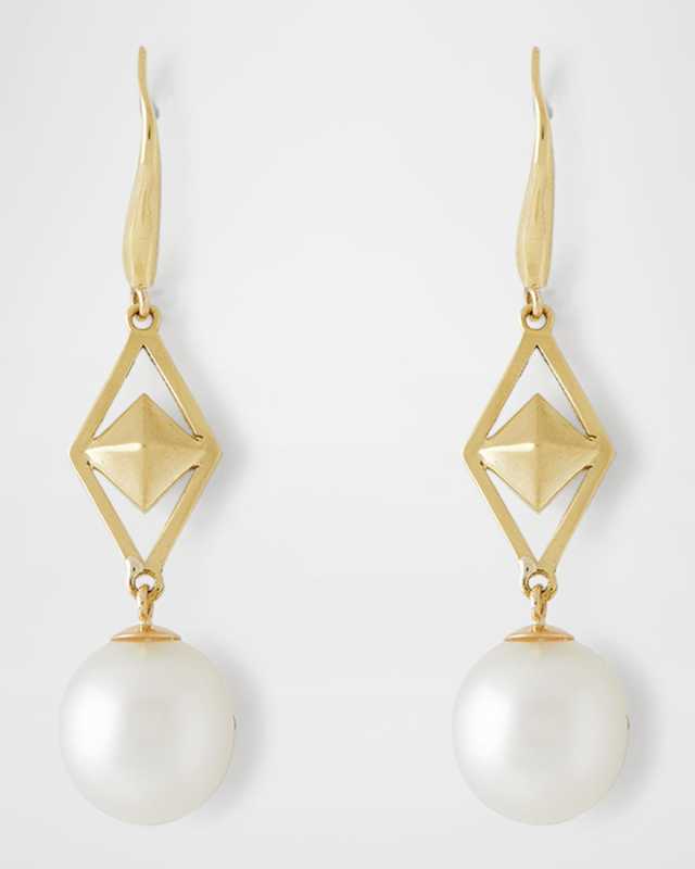 18K Yellow Gold Cube and 10mm South Sea Pearl Hook Earrings